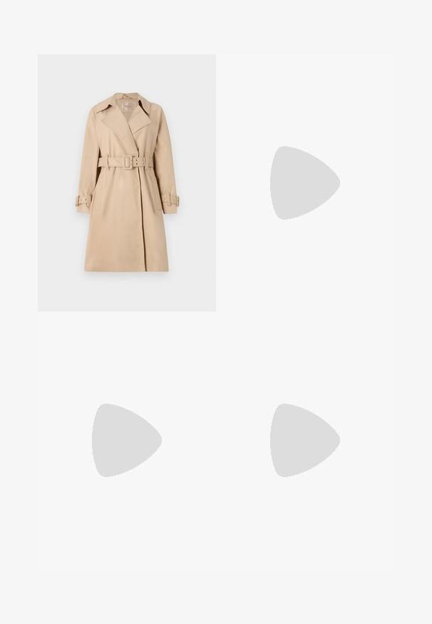 Smėlinis paltas, pagamintas iš lygaus audinio, su diržu talijoje, plačiais atlapais ir mygtukais. Yra dvi priekinės kišenės.; Šviesiai smėlinis trumpas rankovėmis viršus su V formos iškirpte ir suktuku priekyje, pasižymintis surinkta tekstūra šoninėse dalyse, suteikiančia prigludusią išvaizdą.; Pleated balta sijonas su juodu elastiniu juosmeniu, ant kurio yra "LACOSTE" logotipas. Vidutinio ilgio dizainas su švelnia tekstūra.; Baltos odinės sportbačiai su storu baltu padu, juodu nubuko kulno akcentu ir iškilmingu logotipu šone. Su raišteliais, turinčiais šešis akinius.