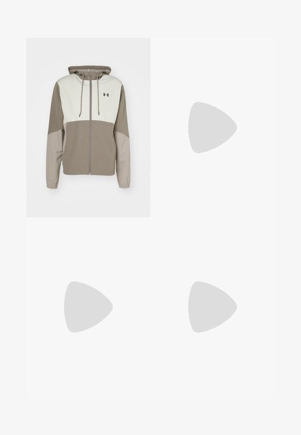 Under Armour LEGACY  - Cortaviento - taupe dusk/silt/black; Under Armour TECH 2.0 - Camiseta deportiva - white/overcast gray; Under Armour VANISH WOVEN - Shorts 2 en 1 - castlerock/black; Under Armour PHANTOM 4 - Zapatillas para caminar - white/halo gray