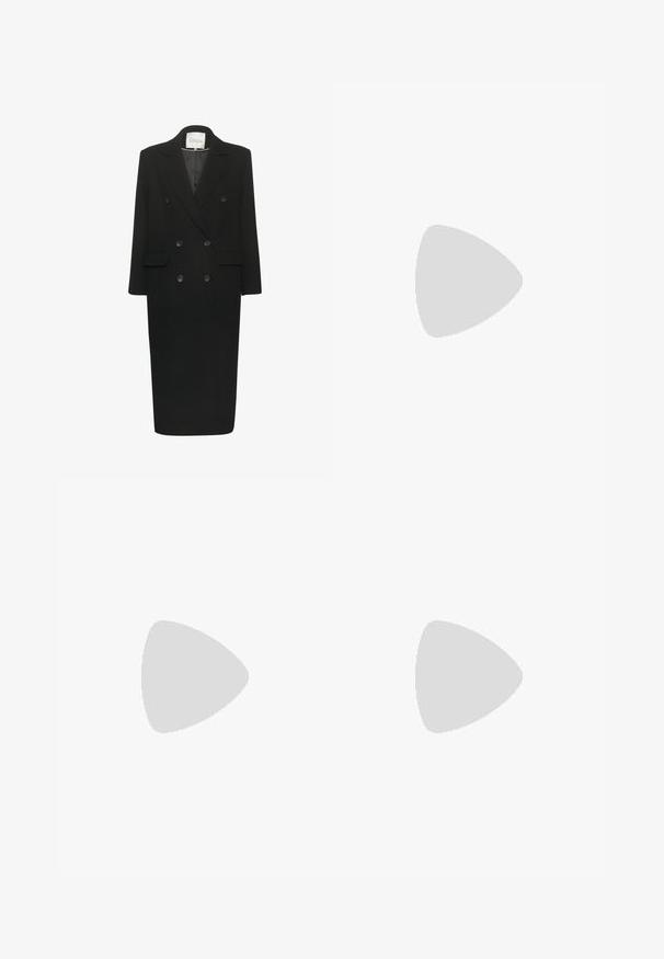 My Essential Wardrobe FRANNIE - Klasický kabát - black; Sivý sveter s kapucňou, vyrobený z mäkkej pleteniny. Má dlhé rukávy a skrátený strih s jemne textúrovaným povrchom.; Čierne džínsy z denimu so strihom rovného nohavicu, s piatimi vreckami a kovovými doplnkami. Obsahujú zapínanie na gombík a minimalizované detaily šitia.; Zign Čižmy - black