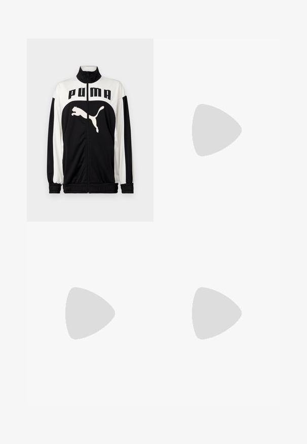 Giacca zip-up in bianco e nero con colletto alto, caratterizzata dal logo "PUMA" e da una grafica di un gatto che salta sul davanti. Realizzata in tessuto morbido e leggero.; T-shirt nera a maniche corte realizzata in cotone. Presenta il logo bianco Puma sul petto e dettagli a fantasie sulle spalle. Vestibilità standard e collo tondo.; Pantaloni sportivi neri con una cintura ampia, tasche laterali e cuciture piatte. Presentano un piccolo logo sulla gamba sinistra. Realizzati in un tessuto morbido ed elastico.; Scarpa sportiva nera con tomaia testurizzata, cinghie elastiche e una spessa suola intermedia bianca. Presenta un accento grigio lungo la suola.