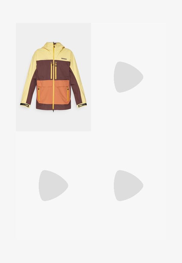 Veekindel jakk, millel on kollased, pruunid ja oranžid värviplokid, kahe tõmblukuga tasku ning kapuuts. Kollased tõmbluku aktsendid.; The North Face SHADOW LONG SLEEVE - Pikkade varrukatega topp - white dune; Must black välitingimustes püksid, mis on valmistatud vastupidavast kangast. Omavad lukugaTaskuid, tugevdatud põlvepaneele ja sirget lõiget liikuvuse tagamiseks.; Kerged Columbia spordijalanõud valgest võrgust, millel on tekstureeritud hall tall ja kummist haardepind. Omaduseks on polsterdatud krae ja nööridega kinnitussüsteem.
