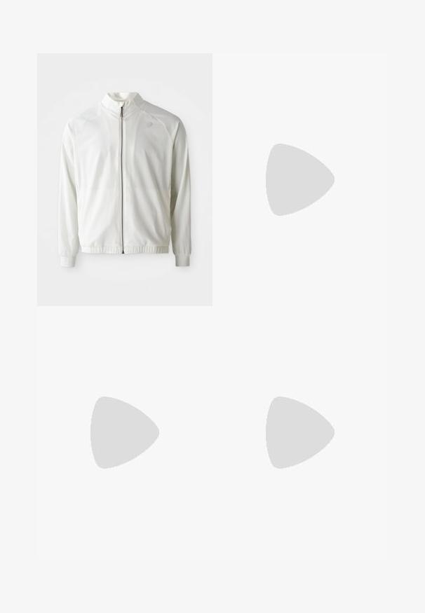 Witte sportjack met een rits aan de voorkant, hoge kraag, elastische manchetten en zoom; heeft een subtiele logo op de bovenste linkerborst.; Witte t-shirt met korte mouwen, voorzien van een subtiel ruitpatroon, gemaakt van lichte stof, met een zwart adidas-logo op de borst.; Witte sportbroek van gladde stof, met een elastische tailleband en smalle taillebanden, voorzien van een zwart logo op de achterzak.; Lichte hardloopschoenen in lichtblauw met zwarte strepen. Beschikt over een soepele bovenkant, ronde neusstuk en dikke witte tussenzool met het label "LIGHTSTRIKE PRO."