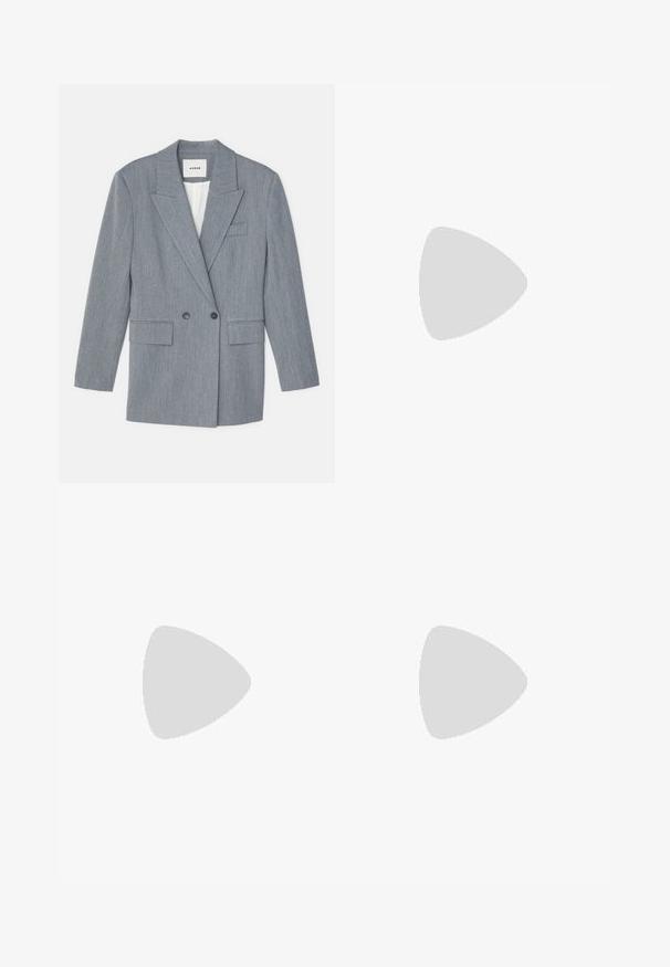 Gray, tailored blazer made from a textured fabric. Features a double-breasted design, notched lapels, and two front pockets.; Dark gray cropped sweater with a high neck, made of textured knit material and featuring short sleeves and a straight bottom hem.; Gray skirt made from a lightweight material, featuring a straight design, front pockets, a single button closure, and subtle stitching details.; Puffer jacket with a brown and black pattern, paired with a brown snake print mini skirt, black knee-high boots, and a small black bag.