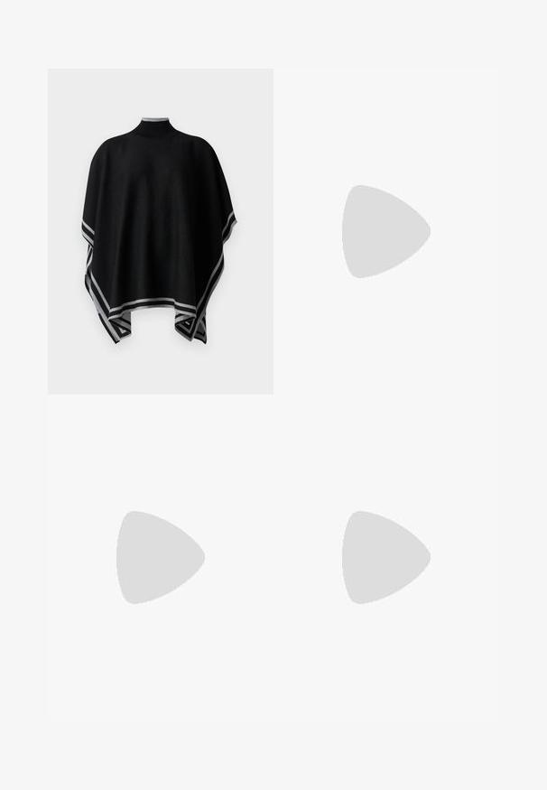 BOSS LALENA PONCHO - Capa - black; T-shirt branco cropped, mangas curtas e largas, material de algodão suave, decote redondo com um discreto acabamento laranja, design minimalista, sem padrões ou gráficos.; Calças de algodão brancas com um design de perna reta, apresentando uma cintura de altura média e sem hardware ou padrões visíveis. Textura suave por toda a peça.; Sapatilha alta em couro sintético branco com bico fino, salto esbelto e detalhes interiores em preto. Textura suave e design elegante.