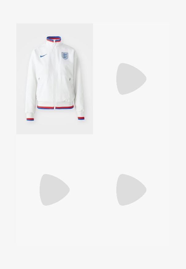 Weisse Nike-Jacke mit einem Frontreißverschluss, hohem Kragen und horizontalen blauen, roten und weißen gestreiften Akzenten am Kragen und an den Bündchen. England-Abzeichen angezeigt.; Ecrufarbenes Baumwoll-T-Shirt mit kurzen Ärmeln, Rundhalsausschnitt und schwarzem Text "POSITIVE SINCERE" auf der Vorder- und Rückseite.; Leichte weiße Jogginghose mit elastischem Bund, orangefarbener Kordel und kontrastierenden gelben und lila Seiteneinsätzen. Glatte Textur.; Nike Sportswear FIELD GENERAL - Sneaker low - off-white/black