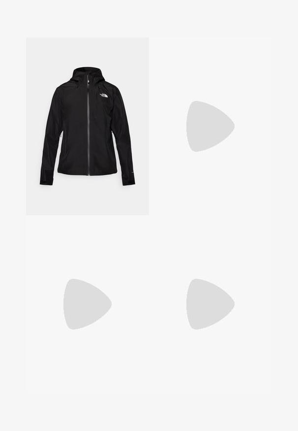 The North Face DRYZZLE JACKET - Hardshell jacket - black; The North Face TEE GRAPHIC - Sports T-shirt - black; The North Face MOUNTAIN ATHLETICS WIND PANT - Outdoor trousers - black; The North Face OFFTRAIL VERSA - Hiking shoes - black/white