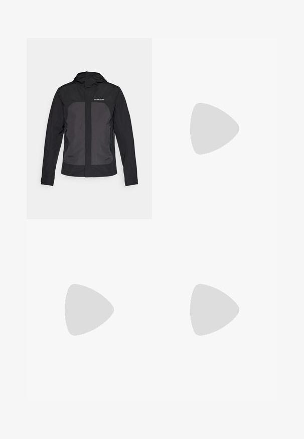 Black waterproof jacket with a hood, featuring a contrasting grey front panel, zippered side pockets, and a logo on the left chest.; Beige cotton t-shirt with short sleeves, crew neck, and a small black logo on the left chest area. Smooth texture, casual design.; Navy cargo pants in durable fabric, featuring a button closure, five pockets, and tapered legs with slight texture.; Black outdoor shoes with mesh and synthetic material, featuring a textured upper, secured lacing system, and a rugged outsole, on rocky terrain.