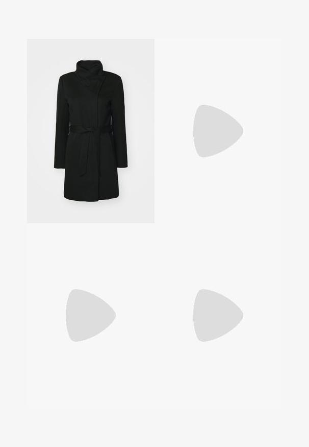 Black coat made of wool blend, featuring a folded collar, long sleeves, and a belted waist. Smooth texture with minimal detailing.; Three long-sleeve tops stacked: black, grey, and white. Each has a round neckline and a cropped design with smooth, lightweight fabric.; High-waisted wide-leg jeans made of light blue denim, featuring a classic five-pocket design and subtle fading along the legs.; Gray Adidas Campus sneaker with black stripes and white laces floating above a concrete ledge with stairs in the background.