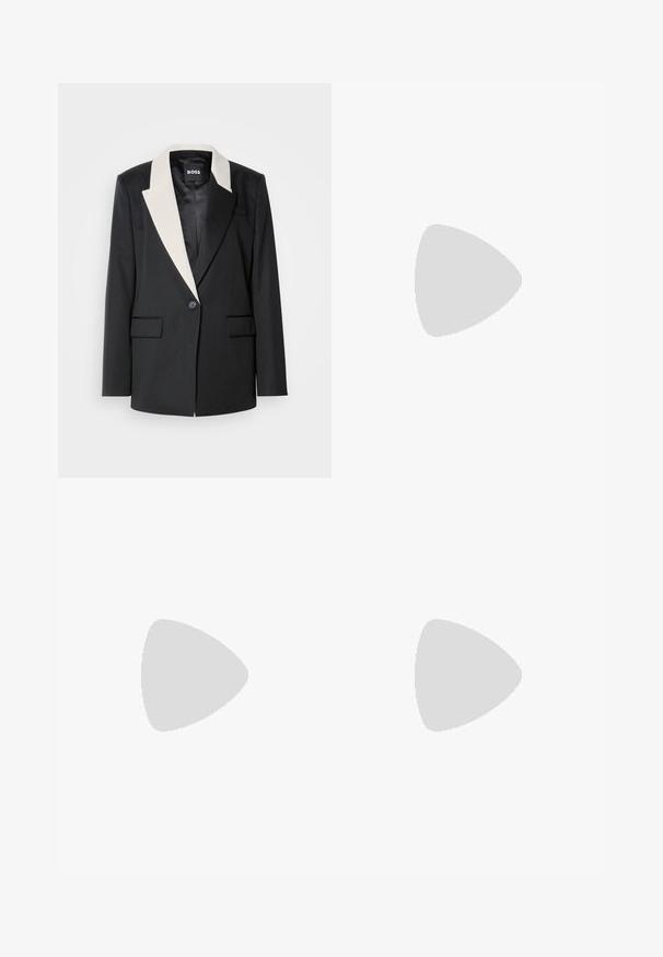 Black tailored blazer with a contrasting white shawl collar, single button closure, and two front pockets. Smooth fabric texture.; White cropped T-shirt, short wide sleeves, soft cotton material, round neckline with subtle orange trim, minimal design, no patterns or graphics.; Black tailored trousers with a straight-leg design, featuring a smooth texture and crisp creases along the front. No visible hardware.; Beige block-heeled sandals with thin straps and a square toe. Smooth material with minimal detailing, designed for easy wear.