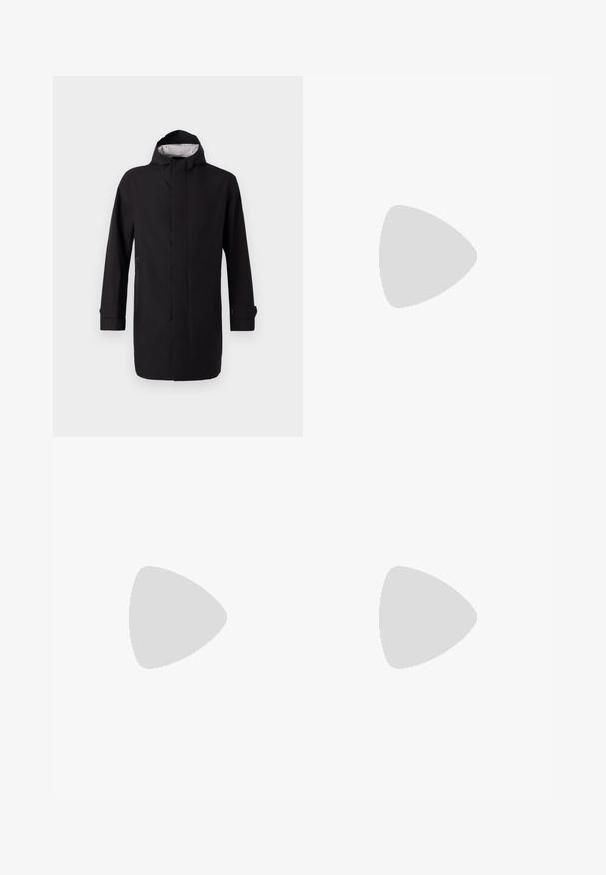 Black waterproof coat with a high collar, long sleeves, and a straight cut. Features a front zipper and side pockets. Interior has a patterned lining.; Black cotton T-shirt featuring a diagonal pink "calvin klein" logo print on the front. Short sleeves and rounded neckline.; Black cotton pants with a straight-leg design, featuring a button closure and belt loops. Smooth texture and minimalistic style with no visible patterns.; Black athletic sneakers featuring a leather upper with perforated detailing, suede accents, and a white rubber sole. Classic lace-up design.