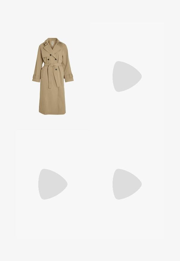 VILA Trenchcoat - cornstalk; Vit ärmlös topp med avslappnad passform, rund halsringning, slät textur och rak nederkant. Enkelt mönster utan dekorationer eller beslag.; Vita vida byxor i lätt tyg med elastisk midja och dragsko för justerbar passform. Mjuk textur.; Stradivarius Sneakers - white