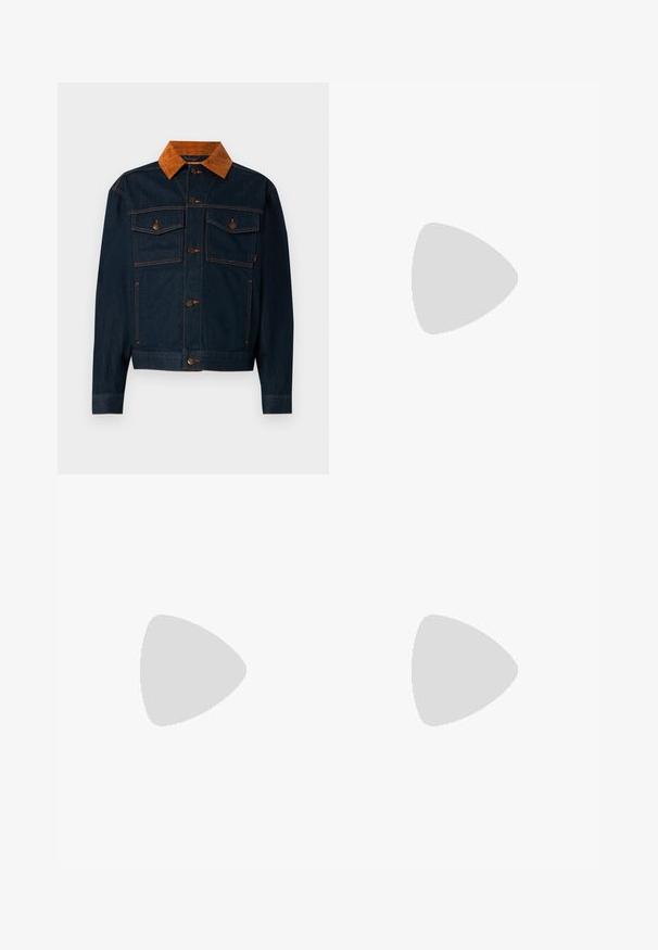 Donkerblauwe denim jacket met een bruine corduroy kraag, voorzien van knoopsluitingen, twee borstzakken en contrasterende stiksels.; Witte katoenen T-shirt met een zwart Adidas-logo in het midden. Korte mouwen en een ronde hals. Gladde textuur.; Witte katoenen cargobroeken met een relaxte pasvorm. Kenmerken zijn onder andere voorzakken, gouden hardware accenten en versterkte kniezones.; Witte sneaker met grijze suede neuskap, zwart drie-strepen ontwerp en bruine rubberen zool. Beschikt over vetersluiting aan de voorkant en een gevoerde kraag.