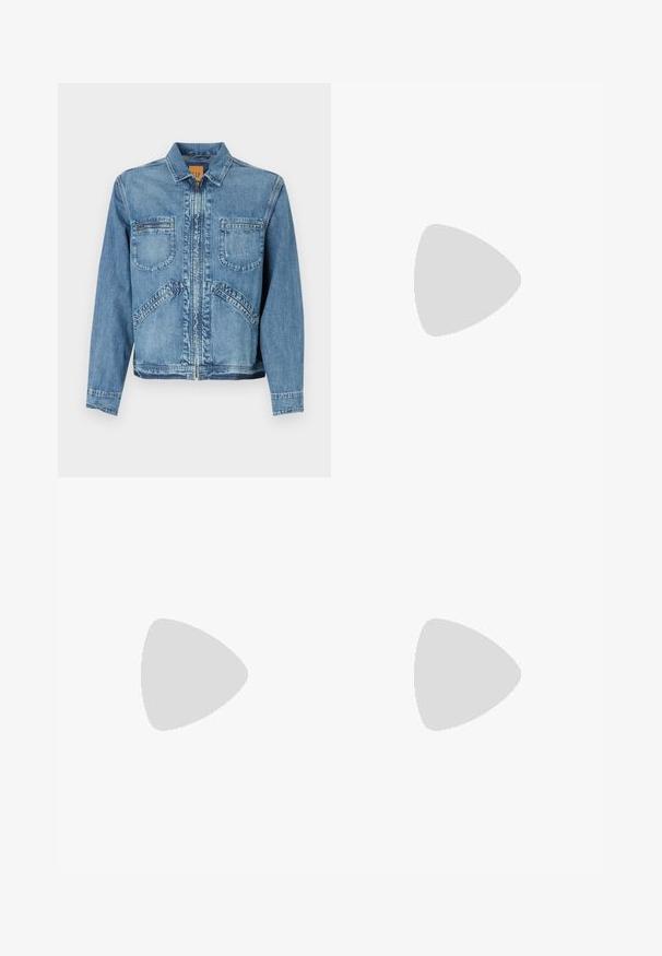 Denim jacket in light blue with a collared neckline, zip closure, two front chest pockets, and angled side pockets; structured fit.; White short-sleeve t-shirt made of cotton with a crew neck. Features subtle embossed logo detail on the front and a red label at the hem.; Light blue denim jeans with a loose fit, mid-rise waist, and straight legs. Features five pockets, belt loops, and a button closure.; White slip-on sneakers with a textured surface, a thick sole, and minimalistic design. Features brand logo on the side.