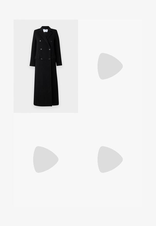Samsøe Samsøe COAT MAXI  - Klassikaline mantel - black; Must mustriga kleit sügava V-kaelusega, sileda satiinitekstuuriga ja mugava lõikega, mis kergelt kitseneb allääres.; Mustad musta nahast põlvekõrgused saapad ruudukujulise varbaga ja plokk-sirge kontsaga. Omab külgzippi ja sileda tekstuuri.; Must have mustras alasi nahkpatsi, pehme tekstuuriga, kolmnurkse kujuga ja reguleeritava rihmaga, koos helesinise triibulise särgi ja valgete pükstega.