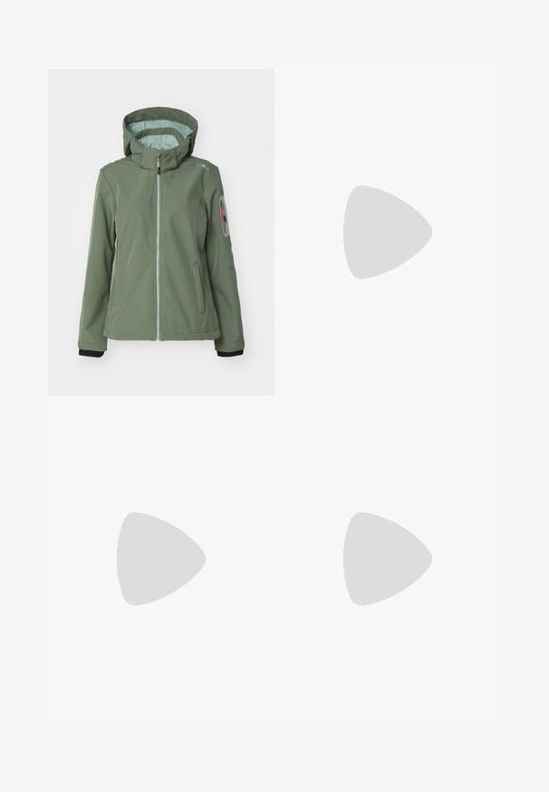 CMP ZIP HOOD - Soft shell jacket - salvia; Short-sleeve gray t-shirt made of smooth fabric. Features a round neckline and a small logo printed on the chest.; Navy blue pants made of smooth fabric, featuring a front button closure, slim-fit design, and creased detailing at the knees.; Columbia PEAKFREAK - Hiking shoes - black