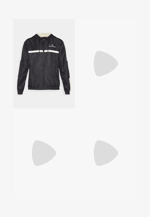 Black windbreaker jacket with a hood, featuring white horizontal stripes and a logo. Made from lightweight, textured fabric with elastic cuffs.; Black cotton t-shirt with a crew neck, short sleeves, and a small green crocodile logo on the left chest. Smooth texture, casual design.; White sweatpants with elastic waistband, featuring black side stripes and cuffs. Made from soft fabric with a smooth texture.; Black athletic shoe featuring a textured upper, three horizontal stripes, and a white sole with a patterned tread. Lightweight and streamlined design.