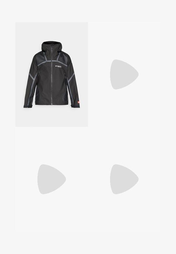 Columbia WHISTLER PEAK™  - Hardshell jacket - black; The North Face TEE - Sports T-shirt - medium grey heather; Black waterproof pants with a smooth texture, featuring a GORE-TEX logo on the front, and reinforced lower legs for durability.; Columbia TERRASTRIDE CRZ - Hiking shoes - shark/black
