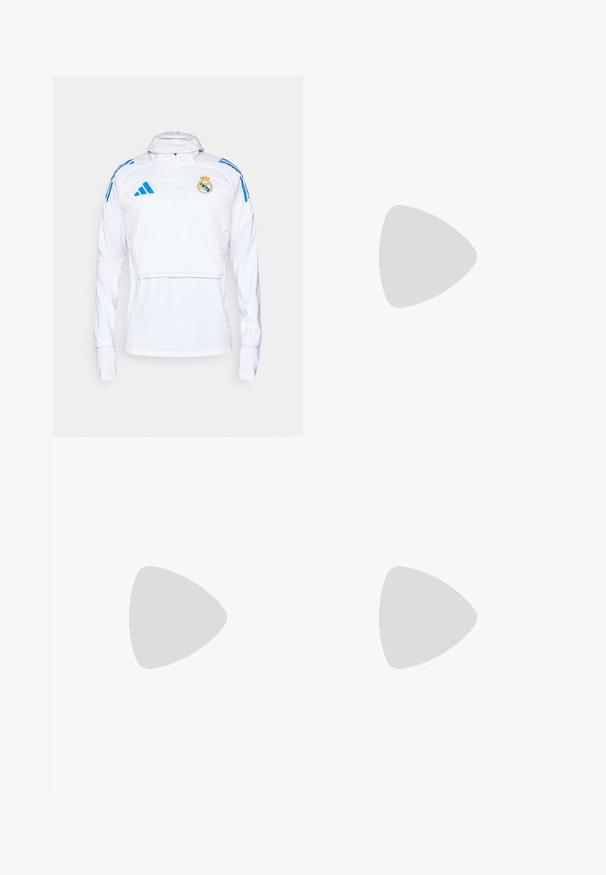 Fehér sportpulóver hosszú ujjal, félig cipzárral és kék részletekkel. A Real Madrid címere és az Adidas logója található rajta. Simább textúrájú.; Fekete, rövid ujjú póló, fehér háromcsíkos mintával a vállakon és logóval a mellkasán. Lélegző anyagból készült, sima tapintású.; Fekete sportos nadrág elasztikus derékpánttal, két cipzáras oldalt zsebbel, tapered lábakkal és diszkrét logóval a csípőn.; Fekete sportcipő fehér csíkokkal, hálós felsőrész, kerek orr és párnázott talp. Texturált sarokkal és biztonságos fűzőrendszerrel rendelkezik.