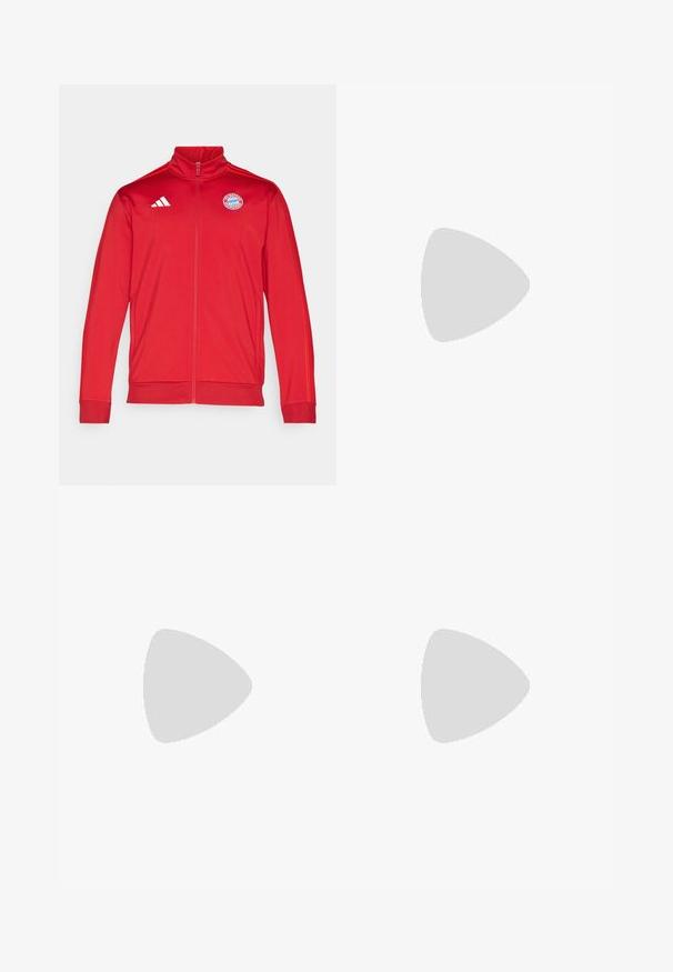 Red athletic jacket with a high collar, full zip, featuring white Adidas logo and Bayern Munich emblem. Smooth texture and fitted design.; White short-sleeve t-shirt featuring black side accents and three black stripes on shoulders. Includes small black logo on chest.; White athletic pants with a smooth texture, featuring black curved designs on the sides and a black logo near the waistband.; White athletic shoe with black diagonal stripes, lightweight mesh material, green accents, and red heel tab; features a sleek, elongated design.