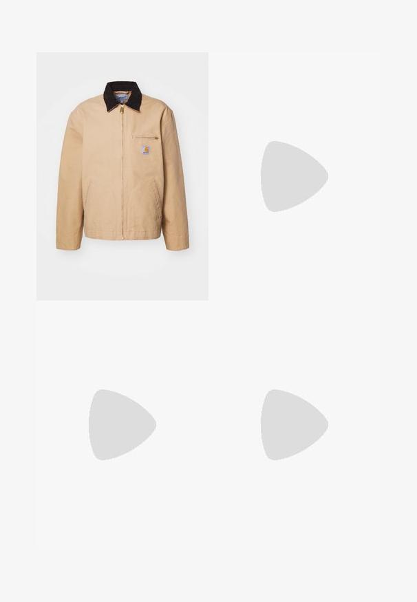 Beige jacket with a brown corduroy collar, gold zipper, and a front pocket featuring a logo patch. Made from durable fabric.; Black cotton t-shirt with a crew neck, short sleeves, and a small colored label on the left chest featuring the word "SUPERIOR."; White cotton cargo pants with a relaxed fit. Features include front pockets, gold hardware accents, and reinforced knee sections.; Black and white sneakers with a suede and leather upper, featuring three white stripes, a perforated toe, and a gum rubber sole.