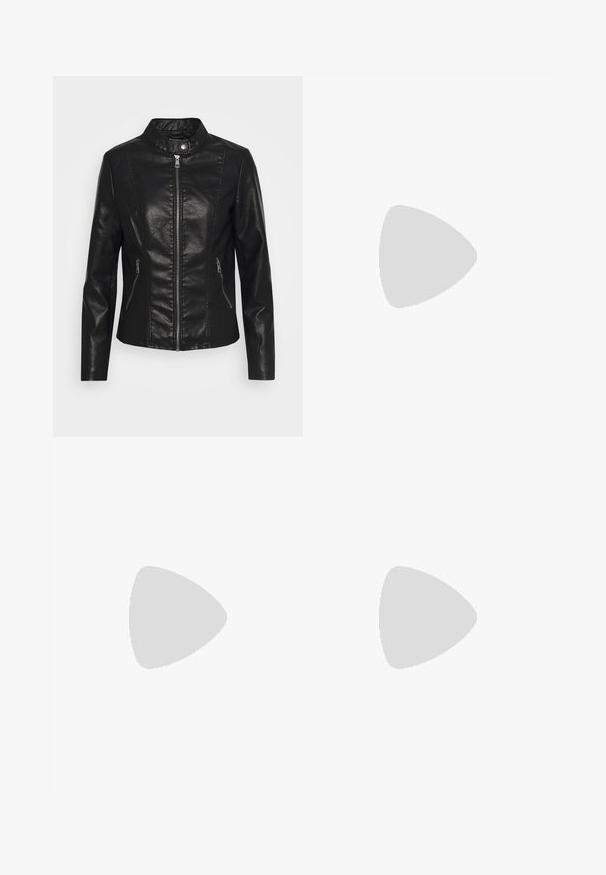 Black faux leather jacket with a stand collar, front zip closure, two side zip pockets, and fitted silhouette. Smooth texture and clean lines.; Black ribbed tank top with scalloped lace trim at the hem. Features thin straps and a fitted design. Made from stretchable fabric.; Black, ruched pencil skirt with tie detail and a side slit. Made from a stretchy fabric, featuring a smooth texture and form-fitting design.; Black high heel shoe with a pointed toe, textured surface, and a vibrant pink interior. Features a chunky heel with silver accent.