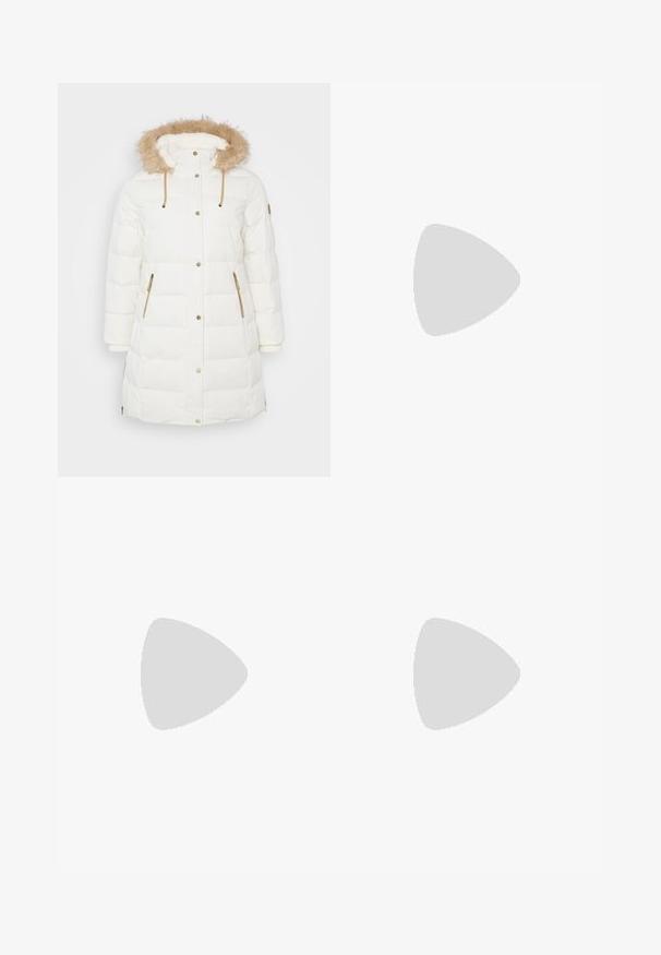 Lauren Ralph Lauren Woman FAUX-FUR-TRIM HOODED DOWN COAT - Páperový kabát - cream; Čierne bavlnené tričko s okrúhlym výstrihom, krátkymi rukávmi a bielou vyšívanou značkou na ľavej hrudi. Hladká textura, ležérny dizajn.; Hnedé bavlnené nohavice so slim-fit strihom, plochým predným dielom a štandardnými vreckami; hladká textúra a obháčkované manžety.; Biele kožené tenisky s nízkym strihom, s hladkou textúrou, okrúlym špičkou, šnurovaním vpredu a malým vyšitým logom na boku.