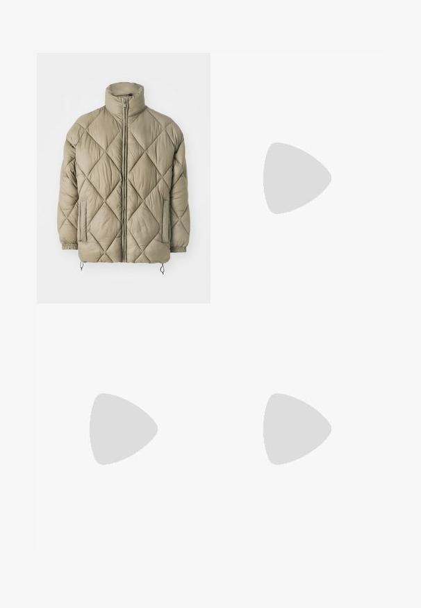Padded jacket in light olive green, featuring a high collar, diagonal diamond quilting, two side pockets, and elasticated cuffs with drawstrings.; Light green, long-sleeve pullover with a high collar and half zipper. Soft texture with a horizontal seam detail across the chest.; Three white ribbed tank tops made of cotton. Features a crew neck and small black labels near the hem. Available in multiple sizes.; Green lightweight pants made of textured fabric. Features elastic waistband with drawstring, zippered side pockets, and ankle zippers.; Gray athletic shoe featuring a mesh and suede upper, white accents, a cushioned sole, and a distinctive design with reflective elements.