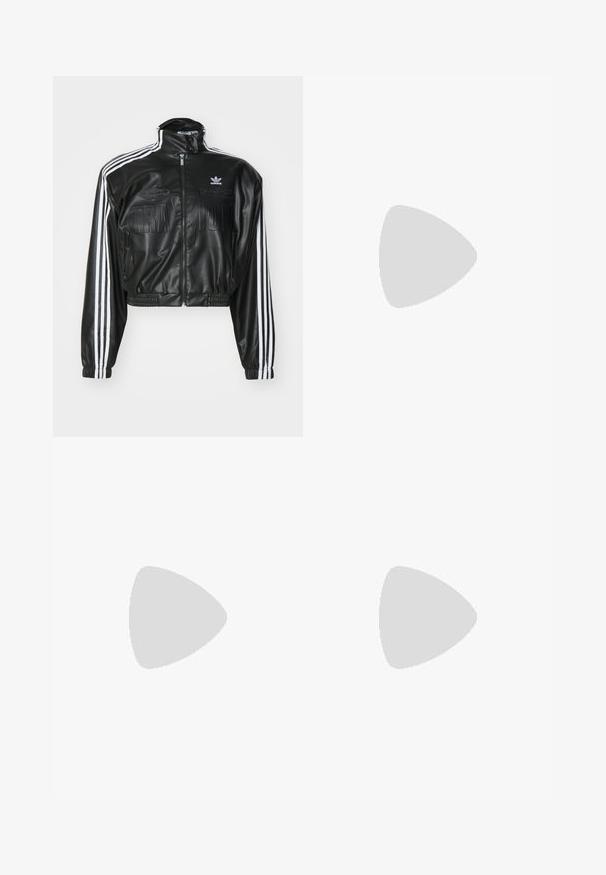 adidas Originals Mākslīgās ādas jaka - black; Balts bez piedurknēm tops ar apaļu kakla izgriezumu. Izgatavots no gludas auduma, tam ir brīvs piegriezums un minimālistisks dizains. Nav nekādas rakstainības vai akcentu.; Melnas, vieglas bikses ar elastīgu jostu un savilktiem potītiem. Audums ir gluds un to raksturo brīva, sašaurināta forma.; Masīvi balti sportisti, kas izgatavoti no strukturēta sieta un sintētiskajiem materiāliem, ar biezu zoli un sarežģītām rakstu detaļām gar sāniem.; Bežs rokassoma, izgatavota no mīksta materiāla, ar brīvu dizainu, izšūtu apdari un divām plecu siksnām. Piemērota ikdienas lietošanai.