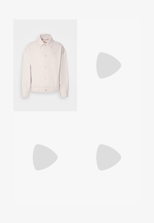 Light beige jacket made of soft fabric, featuring a collared neck, snap buttons, elastic cuffs, and a small logo patch on the left chest.; White cotton t-shirt with short sleeves, crew neck, featuring a black CK logo on the left chest area, standard fit, smooth texture.; Beige cotton trousers with a straight-leg cut, featuring a button closure and pleats at the front for added detail.; White sneakers with light pink and black accents, featuring smooth leather and suede panels, round toe, and flat rubber sole.