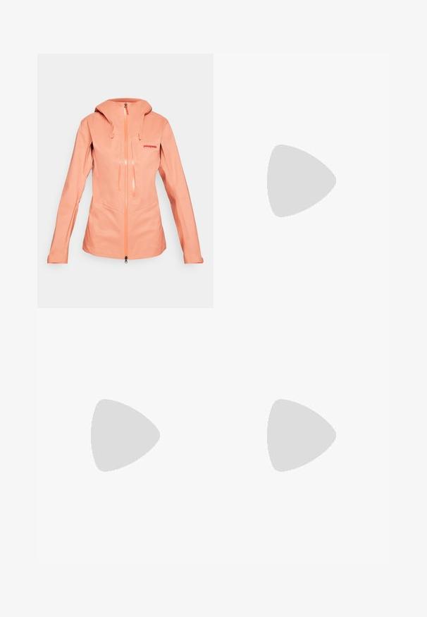 Women's light coral waterproof jacket with hood, full front zipper, two vertical chest pockets, and "Patagonia" logo on the left chest.; Gray short-sleeve t-shirt made of soft, textured fabric featuring a small blue Patagonia logo on the left chest. No additional patterns.; Dark gray trousers made of durable fabric, featuring a zippered pocket, straight cut, and belt loops for adjustable fit.; Brown waterproof sneakers with a textured upper, perforated accents, black heel support, and a grey rubber sole. Laces are styled with metallic ends.