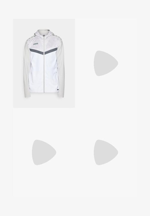JAKO ICONIC - Spordijakk - weiß/soft grey/anthra light; adidas Performance Spordi T-särk - chalk white; Valged sportlikud lühikesed püksid elastse vöökohaga ja reguleeritava paelaga. Sile kangas, millel on peen struktuur, ja küljetaskud.; Kerged jooksujalatsid helesinises värvuses mustade triipudega. Omavad siledat pealispinda, ümarat varvase osa ja paksu valget vahemõõtu, millel on silt "LIGHTSTRIKE PRO".