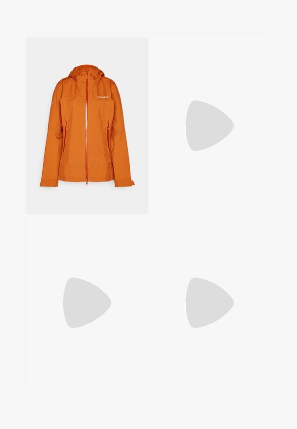 Orange waterproof jacket with a hood, front zipper, and two side pockets. Features a smooth texture and the brand logo on the chest.; Black cotton T-shirt with a round crew neck and short sleeves. Features a white "Patagonia" logo on the left chest area.; Black swim shorts made from lightweight fabric, featuring an elastic waistband, drawstring, and side pockets for functionality.; Salomon running shoe in gray and navy features a breathable mesh upper, rubber toe cap, and textured sole with lavender accents.