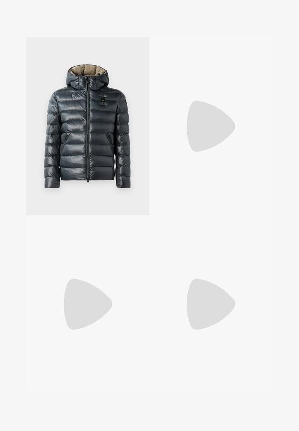 Dark grey puffer jacket with a shiny finish, horizontal quilted design, detachable hood, and zipper closures on front and side pockets.; Long-sleeved white cotton shirt with a round neckline, side slits at the bottom, and a smooth texture, displayed from the back.; Light blue denim jeans with a straight-leg design, five pockets, button closure, minimal fading, and contrasting stitching details.; White sneaker with a smooth leather upper and a low profile. Features a rounded toe, six eyelets, and a textured rubber sole.