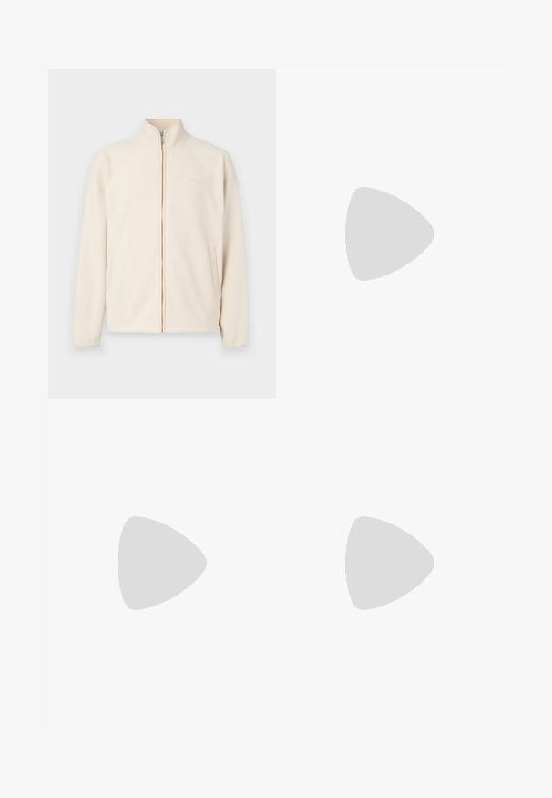 Cream-colored fleece jacket with a high collar, front zipper closure, and two side pockets; features subtle brand logo on the chest.; Black short-sleeve T-shirt made from a smooth cotton blend, featuring a crew neckline and a minimalistic design with no patterns or accents.; Black jogger pants made of smooth fabric. Feature an elastic waistband with a drawstring, tapered legs, and no visible pockets. Simple design.; Black leather sneakers with a smooth texture, beige rubber sole, lace-up design, and a contrasting heel accent.