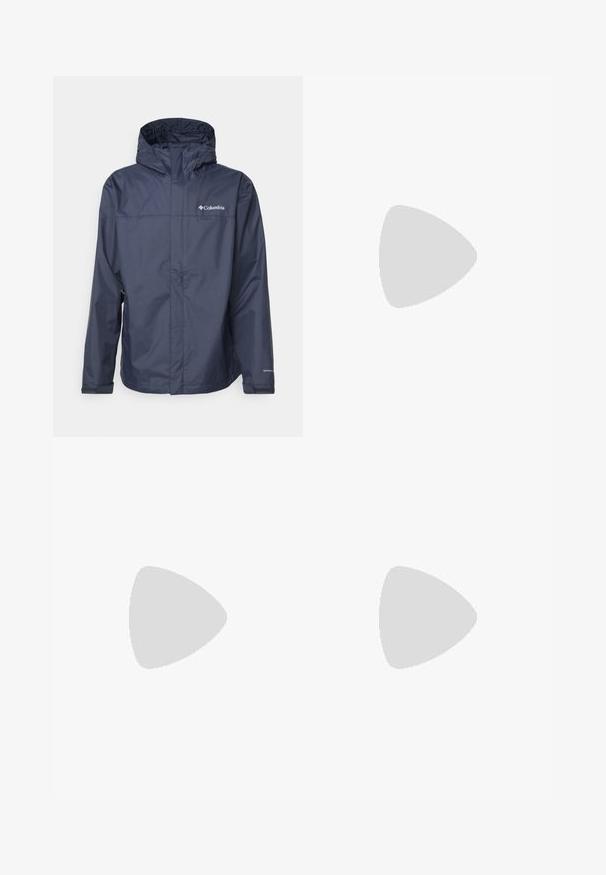 Columbia WATERTIGHT™ II JACKET - Vandeniui atspari striukė - collegiate navy; Pilkas pūkų megztinis su ketvirčio užtrauktuku, minkšta tekstūra, ilgomis rankovėmis ir logotipu ant krūtinės. Papuoštas kontrastingomis šoninėmis juostomis.; Juodos sportinės kelnės, pagamintos iš lengvos medžiagos, su raišteliu liemens srityje, šoniniais kišenėmis ir siaurėjantys apykaklės prie kulkšnies.; Juoda bėgimo batai su tekstūruotu paviršiumi, guma padais ir sustiprinta pirštų dalimi. Yra paminkštinta apykaklė ir kilpos, leidžiančios lengvai užsidėti.