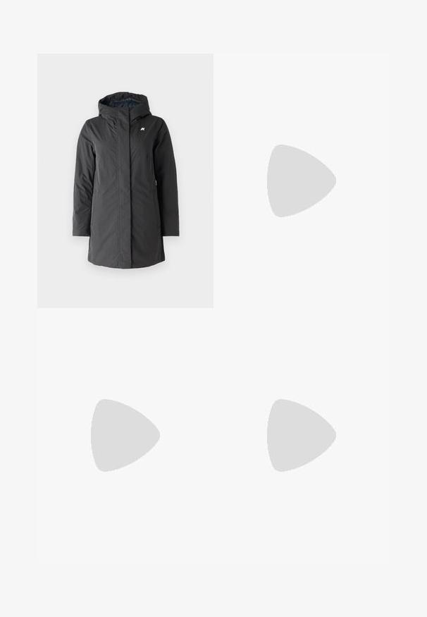 K-Way SOPHIE SOFT TOUCH - Wintermantel - black/blue; Schwarzes Baumwoll-T-Shirt mit rundem Ausschnitt, kurzen Ärmeln und einem kleinen grünen gestickten Logo auf der linken Brust. Einfaches Design.; Schwarze weit geschnittene Hose mit einem elastischen Bund. Hergestellt aus einem weichen, leichten Material. Mit vertikalen Nähten an der Vorderseite.; Schwarze und beige Mesh-Sneaker mit gepolstertem Kragen, strukturiertem Obermaterial und auffälligem Logo an der Seite. Elegantes Design mit geschwungenem Sohlenverlauf.