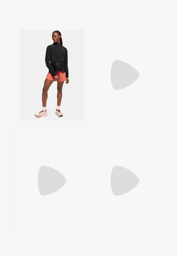 Chaqueta de running negra con cremallera en la parte delantera, mangas largas y un panel inferior de malla, combinada con pantalones cortos coral y zapatillas rosas.; Top corto deportivo negro con cremallera frontal, detalles de malla y un diseño ajustado. Fabricado con tejido elástico y transpirable. Logo de Nike en la parte frontal.; Leggings negros cortos hechos de tela elástica, con una cintura alta y una textura suave, sin patrones o herrajes visibles.; Zapatilla de running Nike negra con parte superior de malla transpirable, logo Swoosh blanco, detalles texturizados y una entresuela ZoomX de color crema.