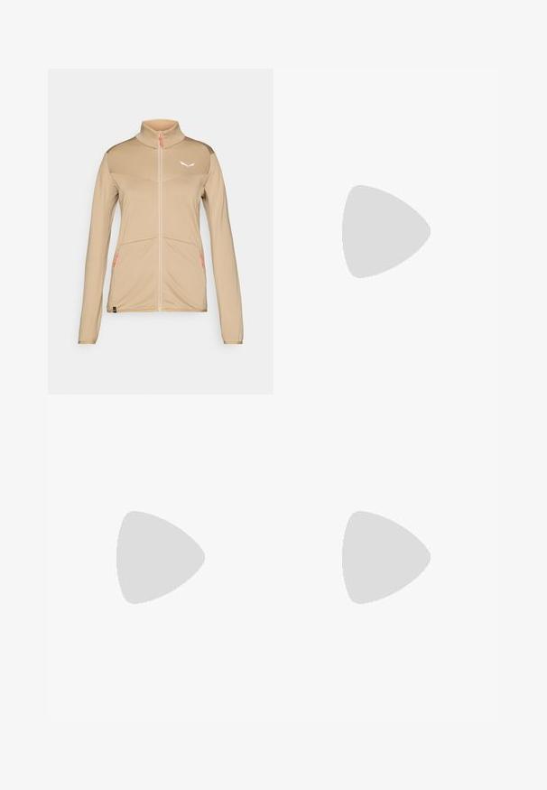 Beige athletic jacket with long sleeves, high collar, zip front, textured fabric, and subtle logo. Features orange zip accents and two pockets.; White long-sleeve shirt made of textured fabric with a beige patch pocket featuring a drawstring and logo.; Salewa PEDROC PANT - Outdoor trousers - black out; Beige hiking shoe with a textured upper, Vibram outsole, and elastic laces. Features HOKA logo and GORE-TEX branding for water resistance.
