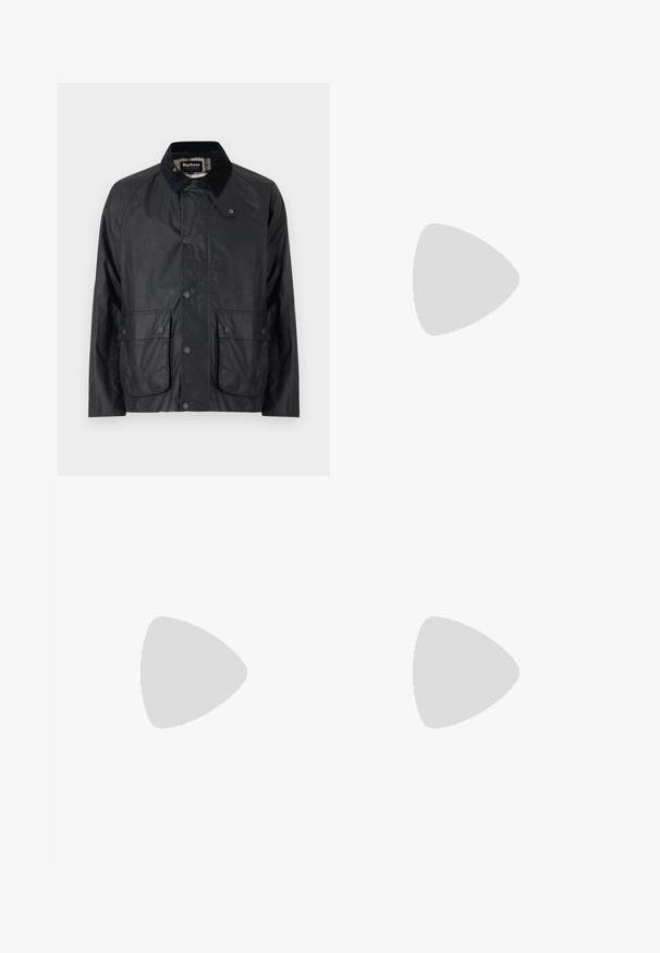 Barbour MODERN BEDALE JACKET - Light jacket - royal navy; White cotton t-shirt with a relaxed fit, featuring a small black graphic logo on the left chest area. Short sleeves, crew neck style.; Black jogger pants made of smooth fabric. Feature an elastic waistband with a drawstring, tapered legs, and no visible pockets. Simple design.; Black low-top leather sneaker with black laces and off-white sole shown in side profile on white background.
