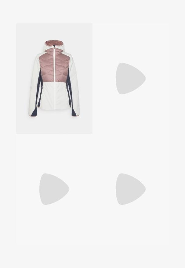 Casaco acolchoado com capuz, apresentando uma parte superior quilted em rosa claro, corpo branco e mangas azul-marinho. Bolsos com fecho éclair nas laterais.; T-shirt preto de algodão com mangas curtas, corte descontraído e um logotipo retangular vermelho no lado esquerdo do peito. Textura suave e design simples.; Columbia BREA FALLS™ COTTON RIPSTOP PANT - Calças para exterior - black; Columbia TERRASTRIDE CRZ - Sapatos de caminhada - shark/black