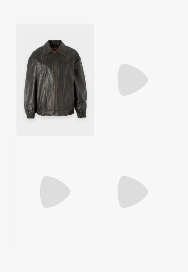 Black leather jacket with a structured collar, front zipper, and elasticized cuffs. Features visible seams and a soft texture.; Black short-sleeve top made of smooth fabric; features a draped neckline and an asymmetrical hemline, with a fitted body.; Black polyester culotte pants with an elastic waistband, two front pleats, and a loose silhouette. No visible patterns or hardware details.; Black patent heeled sandals with a square toe, ankle straps, and silver buckles. Features a chunky block heel for stability.