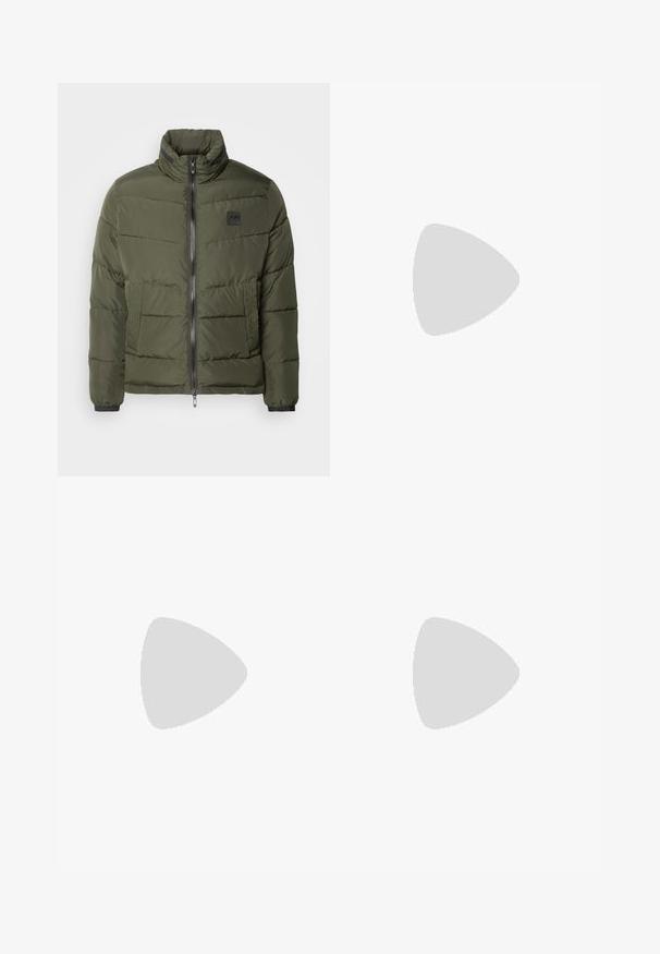 Puffer jacket in olive green, featuring a zip front, high collar, textured side panels, and elastic cuffs. Lightweight, quilted design.; Dark gray polo shirt with a traditional collar, three-button placket, short sleeves, and a left chest pocket. Smooth fabric texture.; Pier One Chinos - black; Black leather slip-on shoe with a smooth upper, stitched accents, rounded toe, and a low rubber heel. Sole features minimal tread.