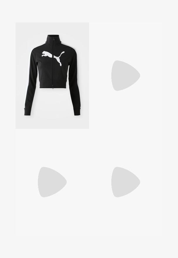 Black cropped jacket with high collar, full zipper, white side stripes, and large white Puma logo on the front. Soft, smooth fabric.; Black cotton t-shirt with short sleeves, featuring a small pink butterfly graphic on the left chest. Crew neck design with a relaxed fit.; Black wide-leg trousers with pleats, featuring a button closure and two side pockets; smooth texture with a tailored design.; Black platform sandals with chunky, lug soles and multiple straps, featuring metal buckles and a smooth leather-like texture.