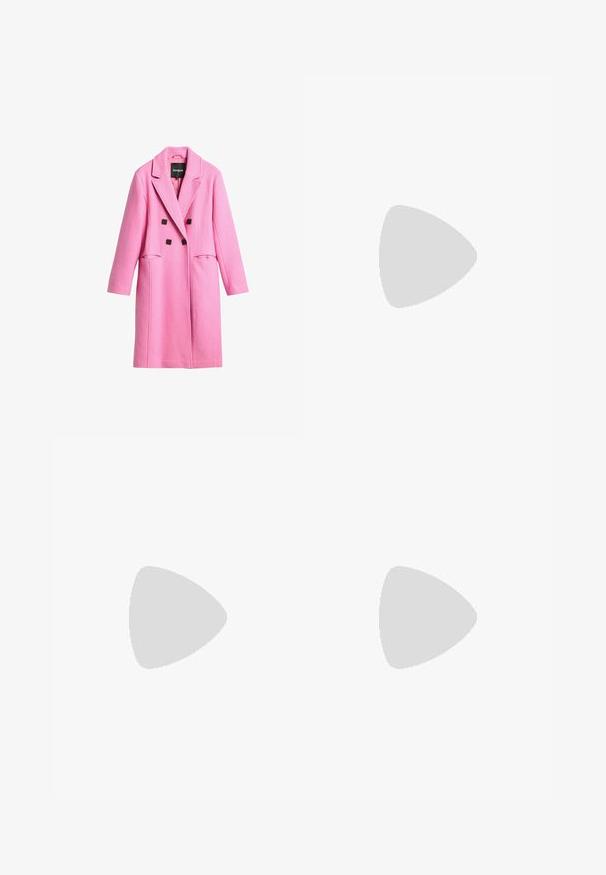 Pink wool blend coat with a double-breasted design, notched lapels, front pockets, and black button accents. Smooth texture, mid-length.; White halter top made of soft fabric, featuring rhinestone text "Juicy" across the front. Ties at the neck for adjustable fit.; Black denim shorts with a loose fit, featuring five pockets, yellow stitching accents, and a mid-rise waist design.; adidas Originals SAMBA OG - Trainers - quartz/mauve; Pink patent handbag with a black logo and handles, featuring a rounded shape and zipper closure. Glossy texture enhances visibility.