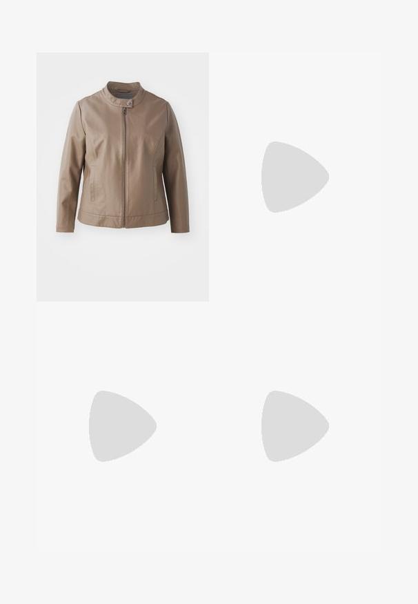 Chaqueta de cuero sintético marrón con cuello, cierre delantero con cremallera y bolsillos laterales; presenta una textura suave y una silueta ajustada.; Sudadera gris claro hecha de tejido suave, con un bolsillo frontal tipo canguro, capucha ajustable y puños y dobladillo acanalados.; Shorts de mezclilla en azul claro con un acabado desgastado, dobladillo deshilachado, diseño de cinco bolsillos y cierre de un solo botón en la parte delantera.; Deportivas marrones y burdeos con materiales de ante y malla, con tres franjas crema, tela texturizada en la lengüeta y suela de goma.