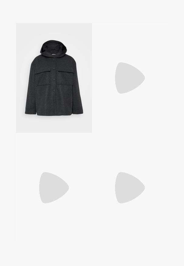 Tumši pelēks, kapuces jaka, izgatavota no teksturēta auduma. Tam ir divas krūšu kabatas un priekšējā pogu aizdare ar melnām pogām.; Even&Odd Petite 2 PACK - Tops - light grey/black; ONLY Petite ONLMADISON BLUSH WIDE - Džinsi ar platām starām - dark blue denim; Balti augstie kanvas sporta apavi ar melnu gumijas zoli, priekšējo gumijas purngalu un sešām acīm lencēm, kuriem ir tīrs, minimālistisks dizains.