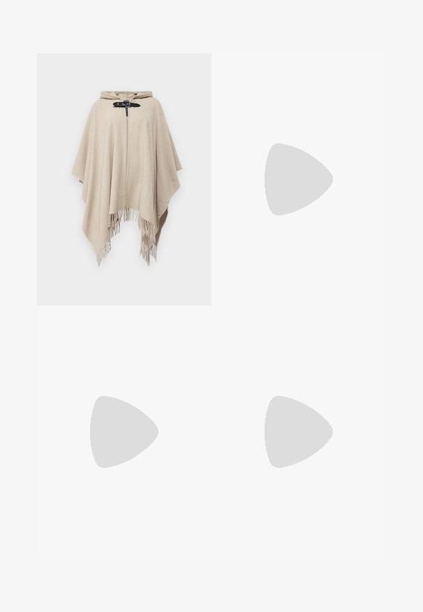 Emporio Armani PONCHO - Poncho - butterscotch; Grijze gebreide trui met een hoge kraag en een ritssluiting aan de voorkant. Heeft lange mouwen en een iets cropped lengte. Gladde textuur en geribbelde zoom.; Beige op maat gemaakte broeken met een uitlopende silhouette, gemaakt van soepele stof, met een sluiting met een voorknop en twee zijzakken.; Paul Smith TOPANGA - Ballerina's - black