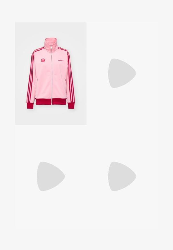 adidas Originals FIREBIRD - Training jacket - semi pink spark; Black cotton t-shirt with short sleeves, featuring a small pink butterfly graphic on the left chest. Crew neck design with a relaxed fit.; Black, lightweight pants with an elastic waistband and gathered ankles. The fabric is smooth and features a relaxed, tapered design.; Black leather Mary Jane shoe with a rounded toe, bow detail, and an adjustable ankle strap. Features a chunky rubber sole with curved accents.