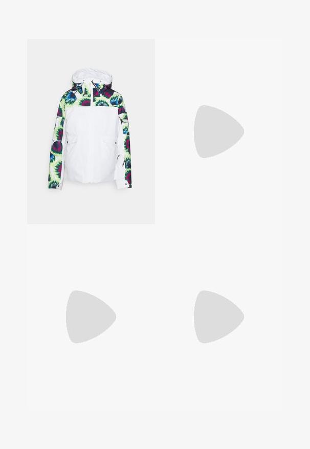 Vit jacka med ett färgglatt blommönster i grönt, blått och rosa på axlar och ärmar, med dragkedjefickor.; Svart camisole med tunna justerbara band, rund halsringning och en figurnära siluett. Tillverkad av ett mjukt tyg med en slät textur.; Vit kjol gjord av mjukt tyg, med elastisk midja och rak skärning. Enkel design utan synliga mönster eller detaljer.; Svart och kräm ultralätt sko med överdel i mocka, platt sula, elastiska remmar och en liten logotyp på tån.
