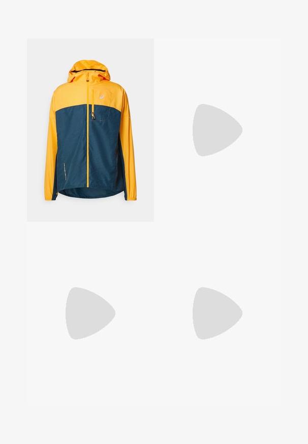 Chaqueta ligera con capucha amarilla y parte superior, sección inferior en azul oscuro con un patrón texturizado, cremallera frontal y bolsillo lateral.; Camiseta deportiva de manga larga en gris oscuro, con acentos de diseño texturizado en un gris más claro. Cuello redondo con logotipo en el pecho.; Pantalones deportivos negros con una cinturilla elástica, bolsillos laterales y paneles de textura contrastante en las piernas. Logo de Asics en la cadera.; ASICS SOLUTION SPEED FF 3 CLAY - Zapatillas de tenis para tierra batida - black/prism blue